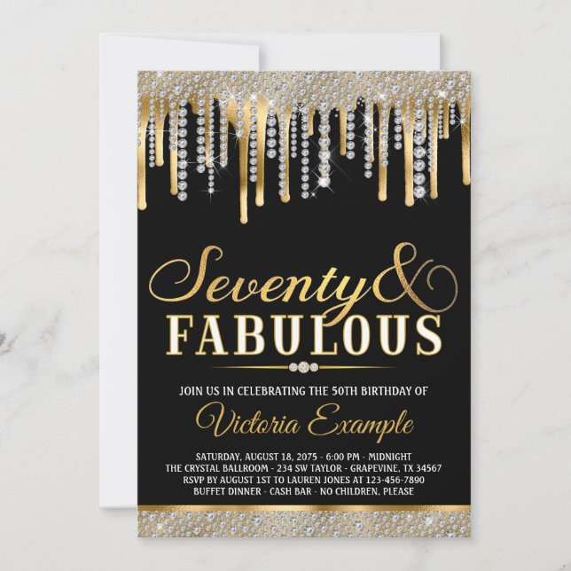Invitation Fête d'anniversaire 70 ans Fabulous Black Gold Dia (Devant)