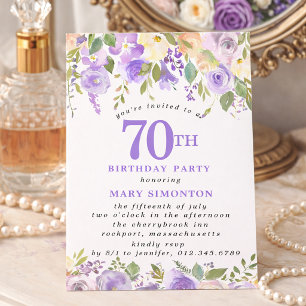 Invitation FÊTE D'ANNIVERSAIRE 70 ans Fleur de Rose Violette 