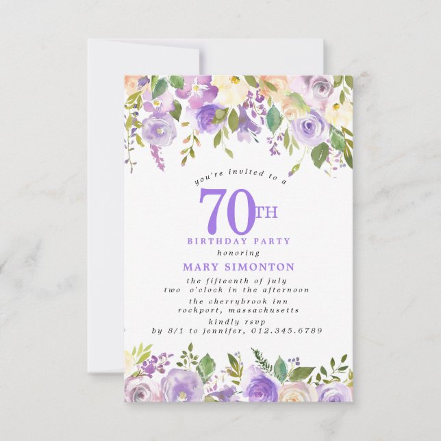 Invitation FÊTE D'ANNIVERSAIRE 70 ans Fleur de Rose Violette  (Devant)