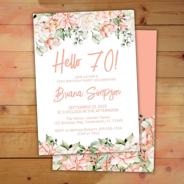 Invitation Fête d'anniversaire 70 ans Fleurs de pêche rose iv (Créateur téléchargé)