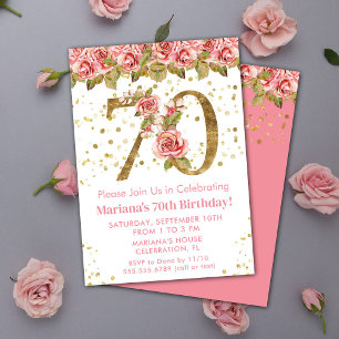 Invitation Fête d'anniversaire 70 ans Floral Rose Gold Paille