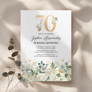 Invitation Fête d'anniversaire 70 ans Floral Vert & Blanc