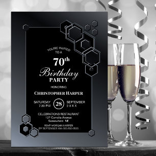 Invitation Fête d'anniversaire 70 ans géométrique noir et gri