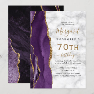 Invitation Fête d'anniversaire 70 ans Marbre Agate Or Pourpre