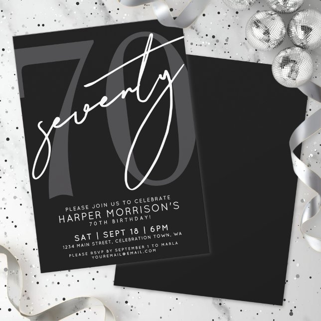 Invitation Fête d'anniversaire 70 ans moderne noir (Black Modern 70th Birthday Party Invitation )