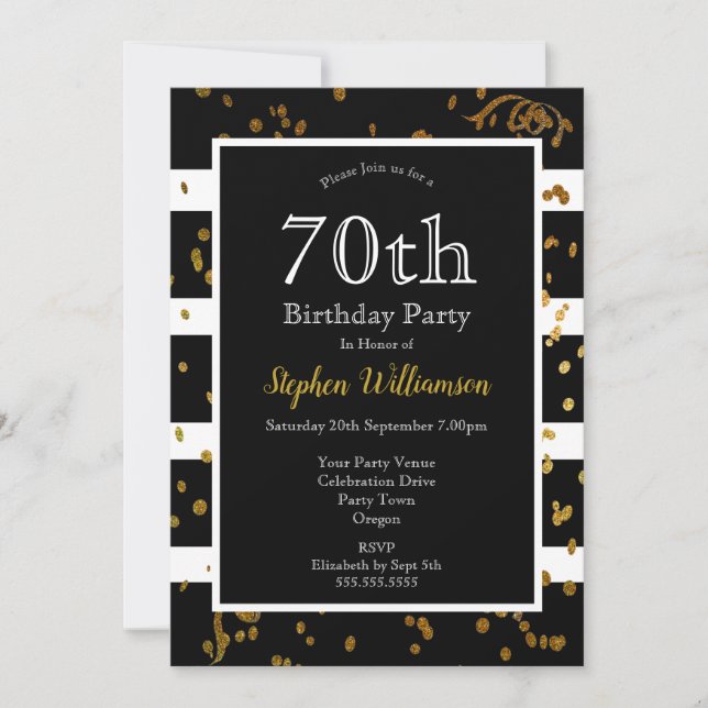 Invitation Fête d'anniversaire 70 ans Noir et Blanc | Paillet (Devant)