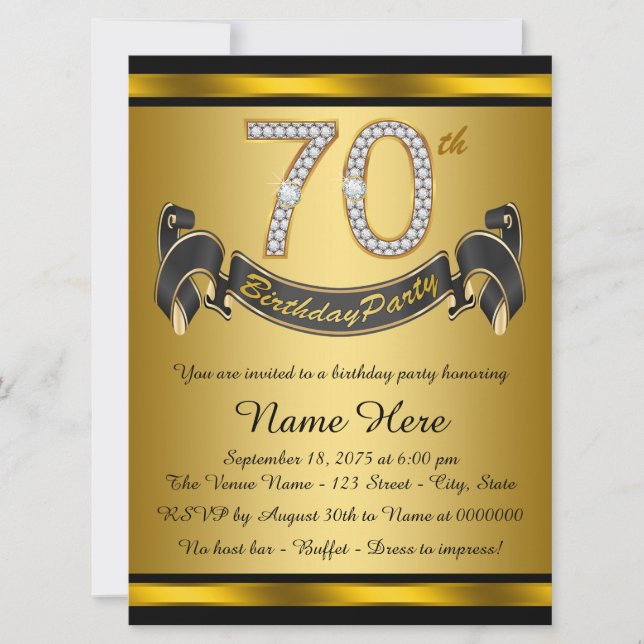 Invitation Fête d'anniversaire 70 ans noir et or (Devant)