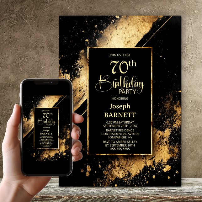 Invitation Fête d'anniversaire 70 ans noir et or (Créateur téléchargé)