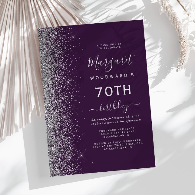 Invitation Fête d'anniversaire 70 ans Paillettes Argent Viole (Créateur téléchargé)