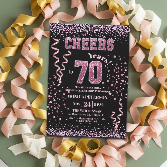 Invitation Fête d'anniversaire 70 ans Paillettes Roses Strass (Créateur téléchargé)