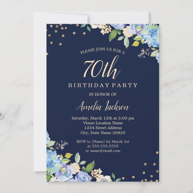 Invitation Fête d'anniversaire 70 ans Sparkle Floral Bleu (Devant)