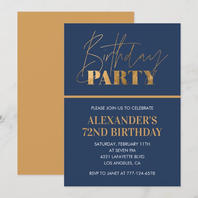 Invitation Fête d'anniversaire 72 ans Moderne Chic Or Bleu ma (Devant / Derrière)