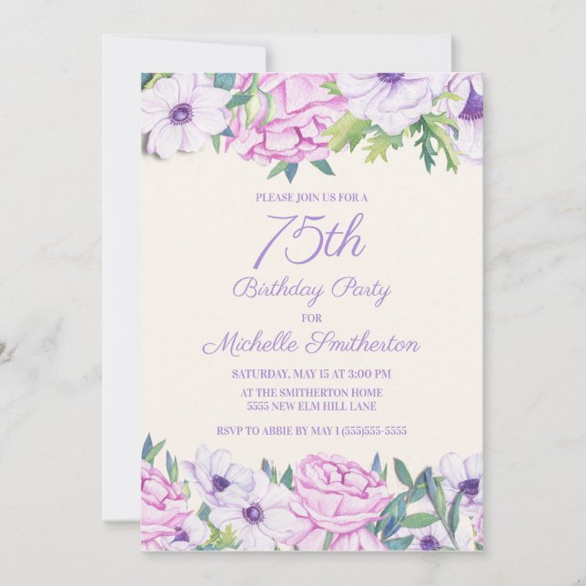 Invitation Fête d'anniversaire 75 ans aux fleurs de lilas pou (Devant)