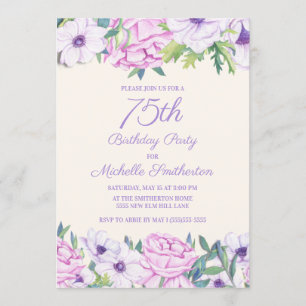 Invitation Fête d'anniversaire 75 ans aux fleurs de lilas pou