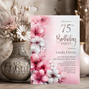 Invitation Fête d'anniversaire 75 ans aux fleurs roses et bla