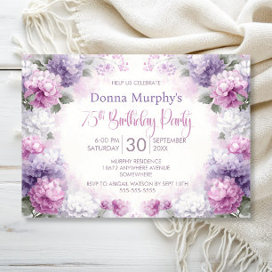 Invitation Fête d'anniversaire 75 ans aux fleurs roses et vio