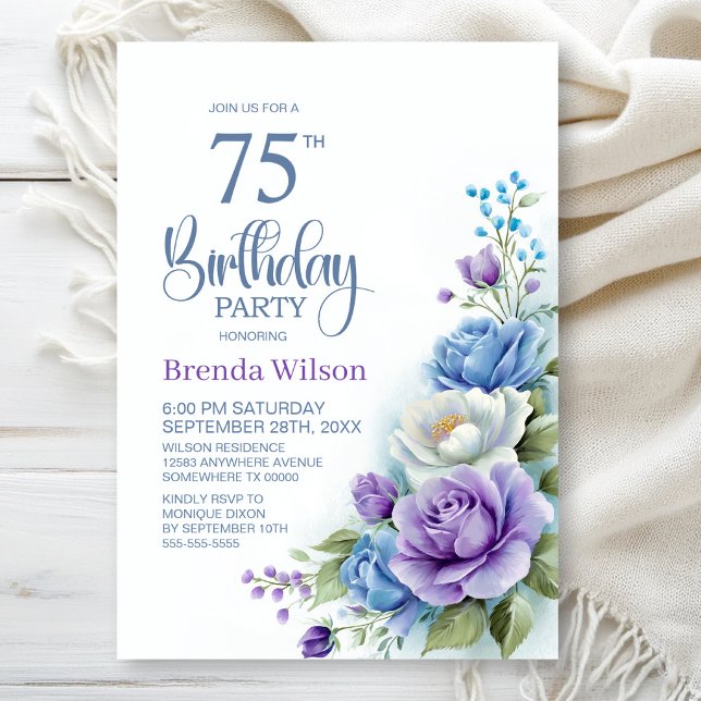 Invitation Fête d'anniversaire 75 ans aux fleurs violettes et (Créateur téléchargé)