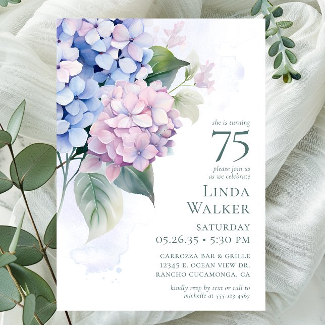 Invitation Fête d'anniversaire 75 ans aux Hydrangeas Bleus Ro (Créateur téléchargé)