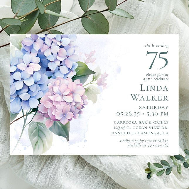 Invitation Fête d'anniversaire 75 ans aux Hydrangeas Bleus Ro (Créateur téléchargé)