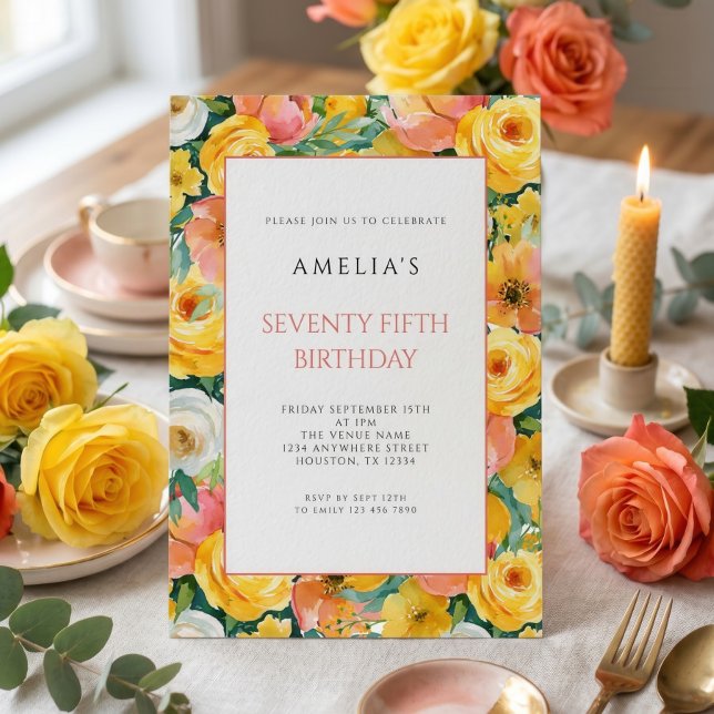 Invitation Fête d'anniversaire 75 ans avec bordure florale ro (Créateur téléchargé)