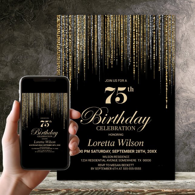 Invitation Fête d'anniversaire 75 ans Black Gold Glitter (Créateur téléchargé)