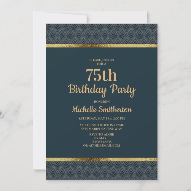 Invitation Fête d'anniversaire 75 ans Bleu Nuit Or (Devant)