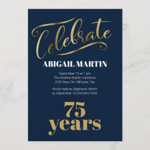 Invitation Fête d'anniversaire 75 ans Bleu Nuit Or Blanc