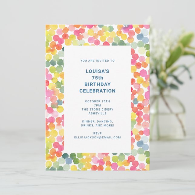 Invitation Fête d'anniversaire 75 ans Confettis Aquarelle Col (Debout devant)