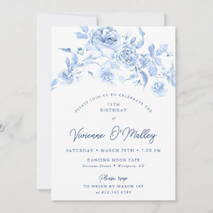 Invitation Fête d'anniversaire 75 ans Dusty Blue Floral
