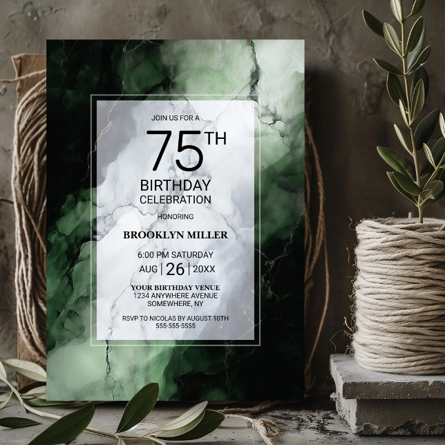 Invitation Fête d'anniversaire 75 ans élégante en marbre vert (Créateur téléchargé)