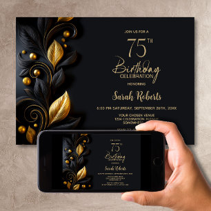 Invitation Fête d'anniversaire 75 ans Feuilles Noires et Doré
