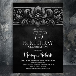 Invitation Fête d'anniversaire 75 ans Fleur Vintage Noir