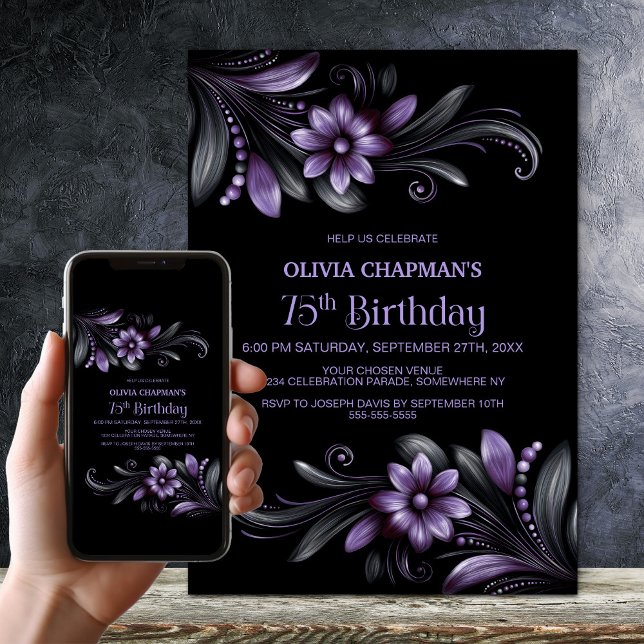 Invitation Fête d'anniversaire 75 ans Fleurie Violet Noir (Créateur téléchargé)