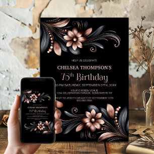 Invitation Fête d'anniversaire 75 ans Floral Black Pink