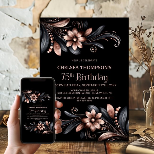 Invitation Fête d'anniversaire 75 ans Floral Black Pink (Créateur téléchargé)