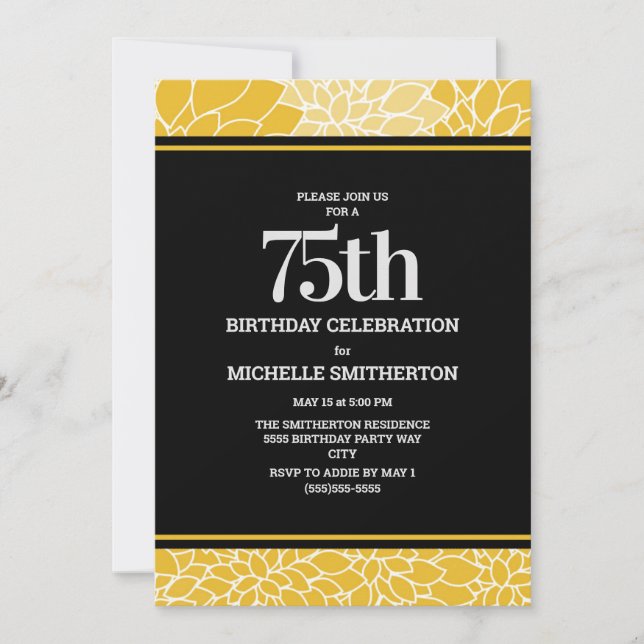 Invitation Fête d'anniversaire 75 ans Floral Blanc Jaune Noir (Devant)