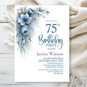 Invitation Fête d'anniversaire 75 ans Floral Bleu
