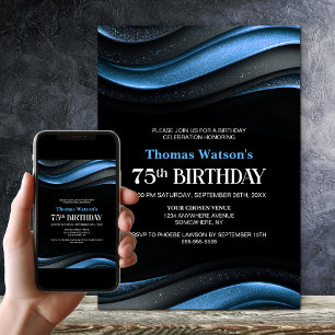 Invitation Fête d'anniversaire 75 ans moderne noir et bleu