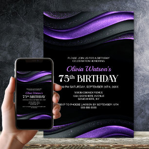 Invitation Fête d'anniversaire 75 ans moderne noir et violet