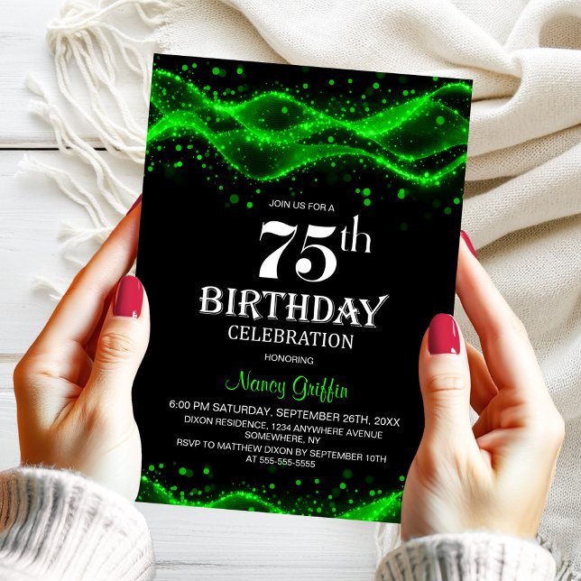 Invitation Fête d'anniversaire 75 ans moderne noire et verte (Créateur téléchargé)