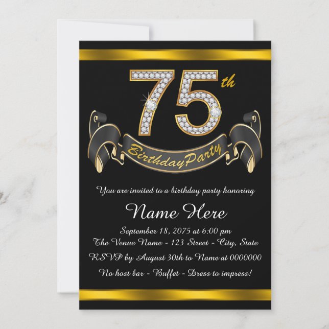 Invitation Fête d'anniversaire 75 ans noir et or (Devant)