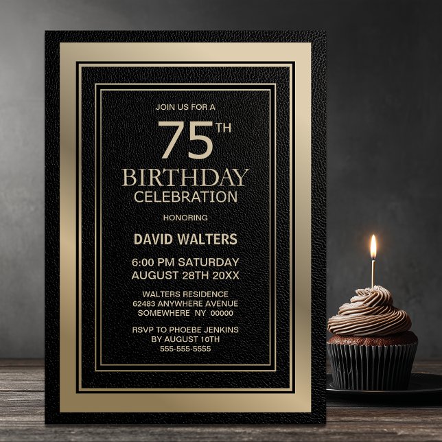 Invitation Fête d'anniversaire 75 ans noir et or moderne (Créateur téléchargé)