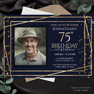 Invitation Fête d'anniversaire 75 ans Photo Or Bleu