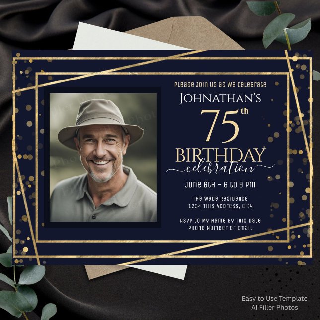 Invitation Fête d'anniversaire 75 ans Photo Or Bleu  (Créateur téléchargé)