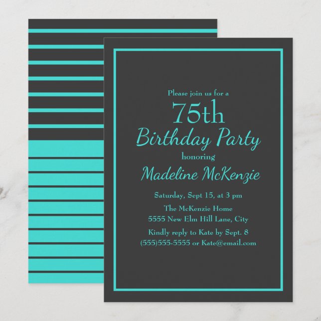 Invitation Fête d'anniversaire 75 ans rayée de turquoise noir (Devant / Derrière)