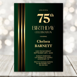 Invitation Fête d'anniversaire 75 ans vert noir rayures dorée