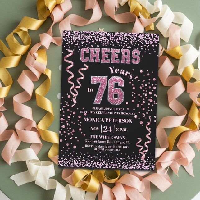 Invitation Fête d'anniversaire 76 ans paillettes roses (Créateur téléchargé)