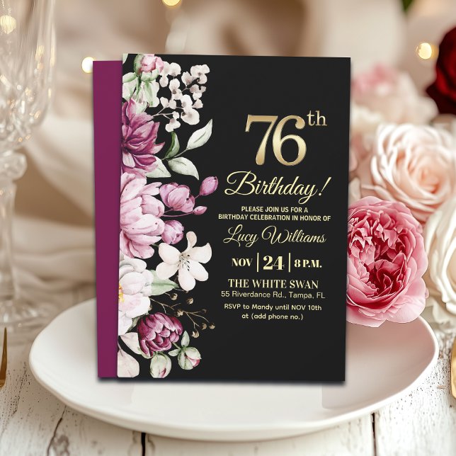 Invitation Fête d'anniversaire 76 Élégante Florale Or (Créateur téléchargé)