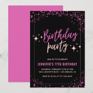 Invitation Fête d'anniversaire 77 ans Glitter Glam Rose Noir