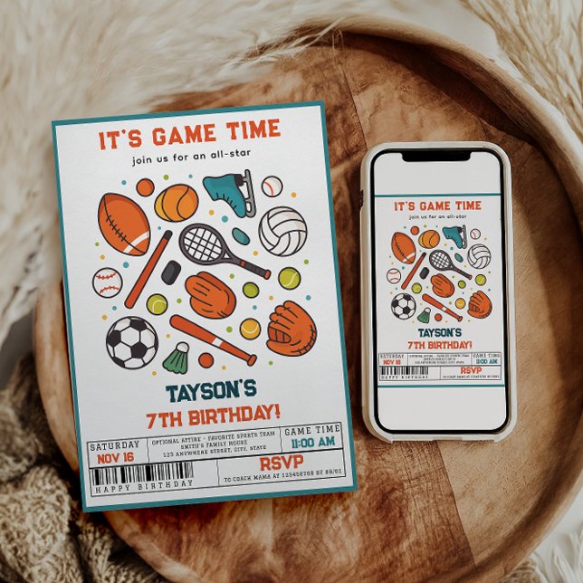 Invitation Fête d'anniversaire 7 ans All-Star de jeu de sport (Sports Game Time All-Star Birthday | Kids Sport invite)
